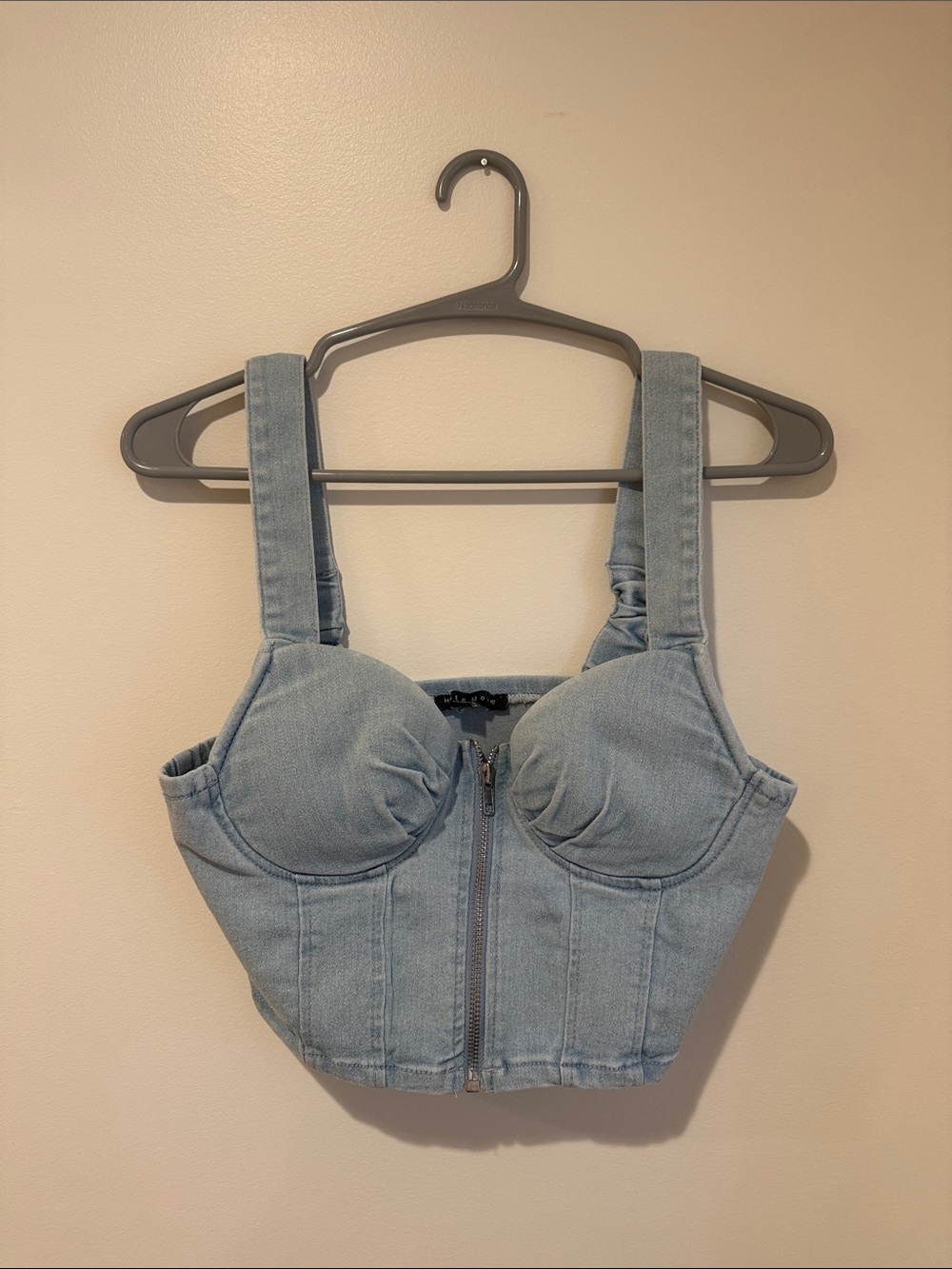 Light Wash Denim Bustier Crop Top with Front Zip